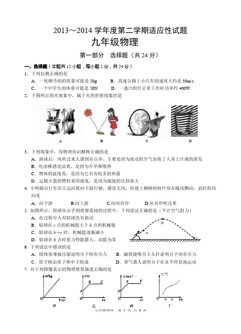 泰州市2014中考物理适应性试题及答案
