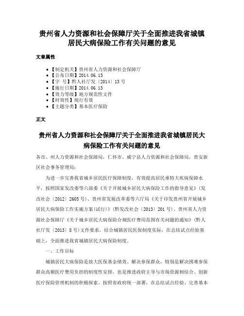 贵州省人力资源和社会保障厅关于全面推进我省城镇居民大病保险工作有关问题的意见