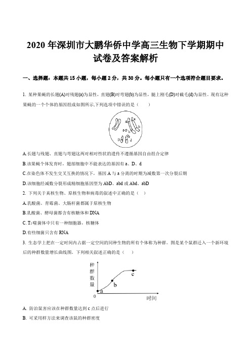 2020年深圳市大鹏华侨中学高三生物下学期期中试卷及答案解析