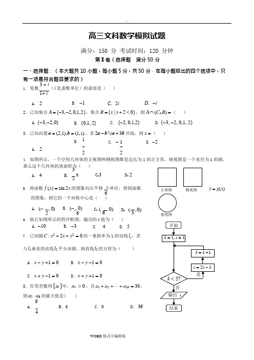 (完整版)高三文科数学模拟试题含答案,推荐文档