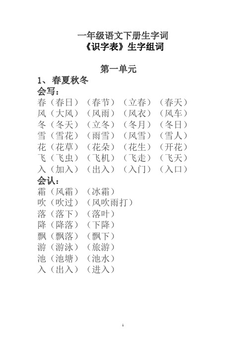 【最新】部编本人教版小学一年级语文下册生字词《识字表》生字组词Word版