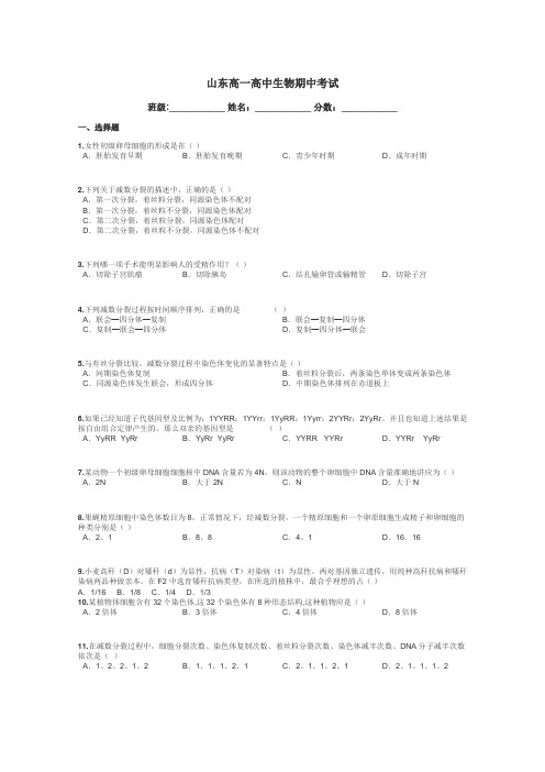 山东高一高中生物期中考试带答案解析
