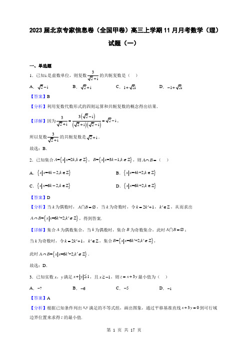 2023届北京专家信息卷(全国甲卷)高三上学期11月月考数学(理)试题(一)(解析版)