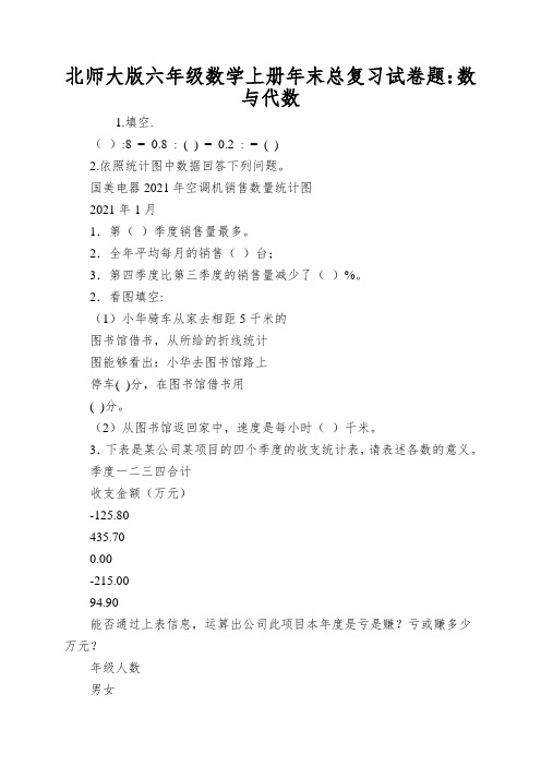 北师大版六年级数学上册年末总复习试卷题：数与代数