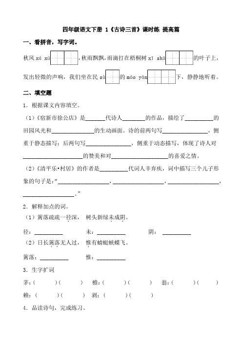 四年级语文下册 1《古诗三首》课时练 提高篇(含答案)部编版