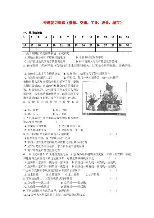 中考地理专题复习 资源、交通、工业、农业和城市