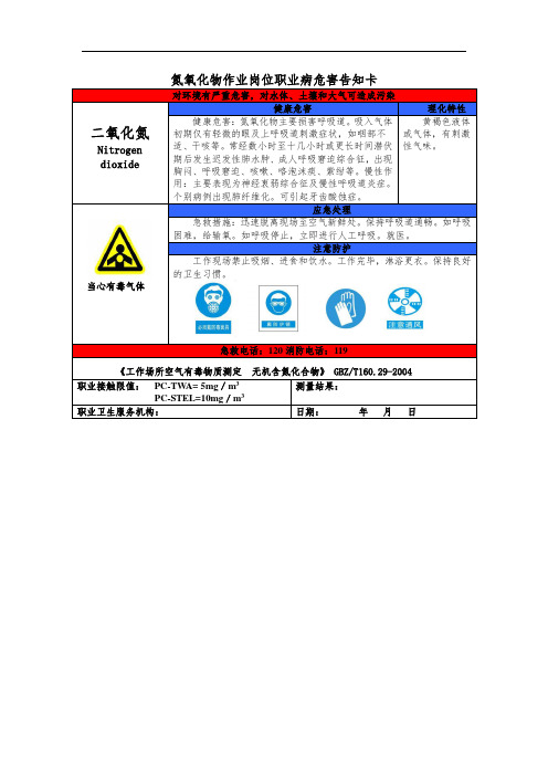 氮氧化物、一氧化碳、铜烟、工频电场职业病危害告知卡