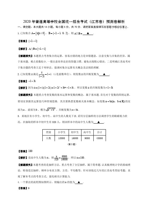 2020年普通高等学校全国统一招生考试(江苏卷)预测卷数学试题(解析)