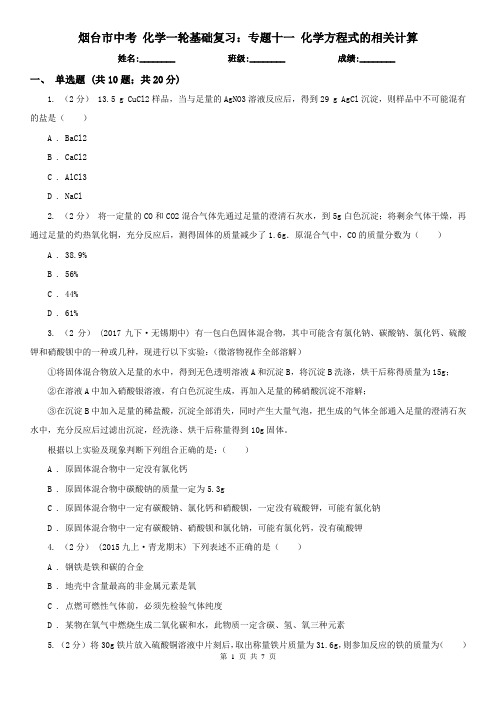 烟台市中考 化学一轮基础复习:专题十一 化学方程式的相关计算