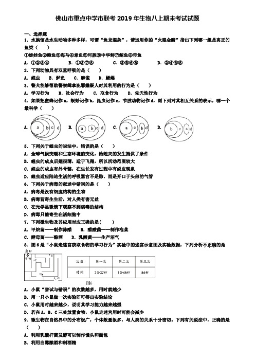 佛山市重点中学市联考2019年生物八上期末考试试题