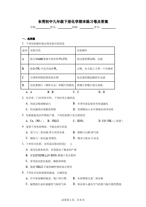 东莞初中九年级下册化学期末练习卷及答案