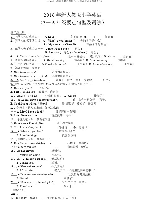 2016年小学新人教版英语(3—6年级重点句型及语法)