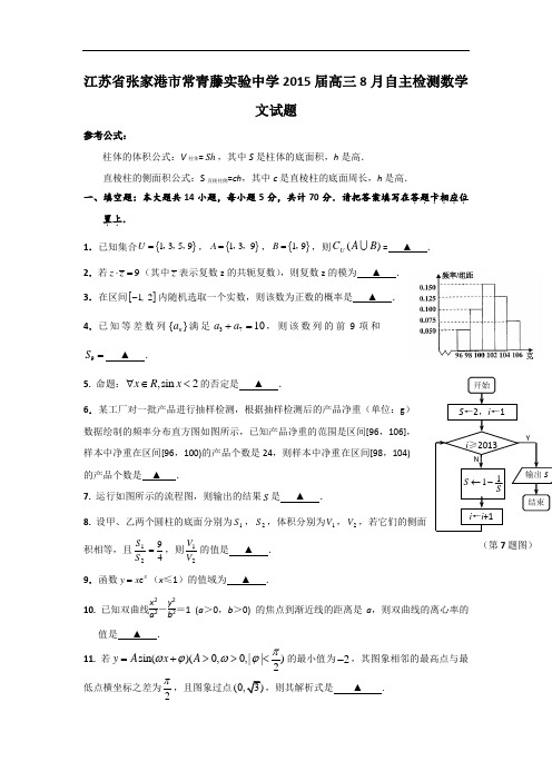 江苏省张家港市常青藤实验中学2015届高三8月自主检测数学文试题 Word版