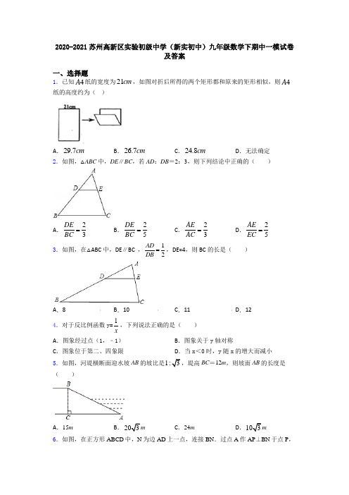 2020-2021苏州高新区实验初级中学(新实初中)九年级数学下期中一模试卷及答案