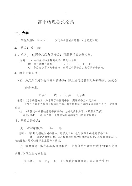 湖南高中物理公式全集