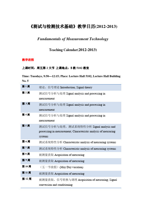 《测试与检测技术基础》教学日历(2012-2013)