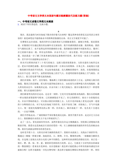 中考语文文学类文本阅读专题训练解题技巧及练习题(答案)