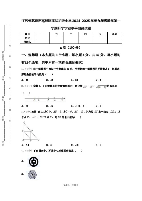 江苏省苏州市高新区实验初级中学2024-2025学年九年级数学第一学期开学学业水平测试试题【含答案】