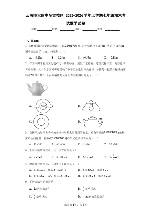 云南师大附中呈贡校区2023-2024学年上学期七年级期末考试数学试卷