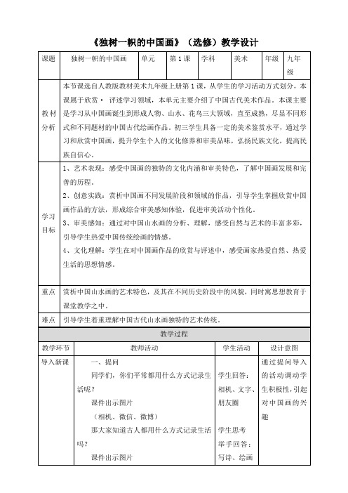 第一单元第1课《独树一帜的中国画》教案人教版初中美术九年级上册