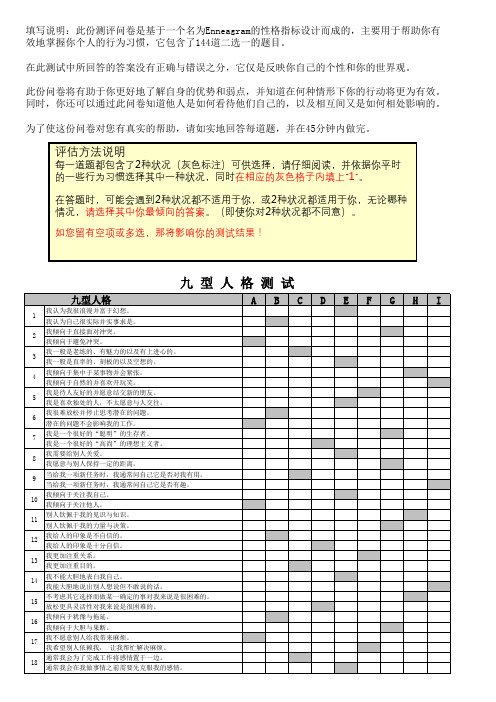 九型人格 测试题.144题.excel版可直接得出结果.