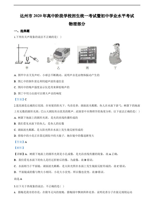 2020年四川省达州市中考理综物理试题(教师版含解析)