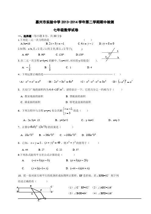 嘉兴市实验中学2014年七年级下期中检测数学试卷及答案