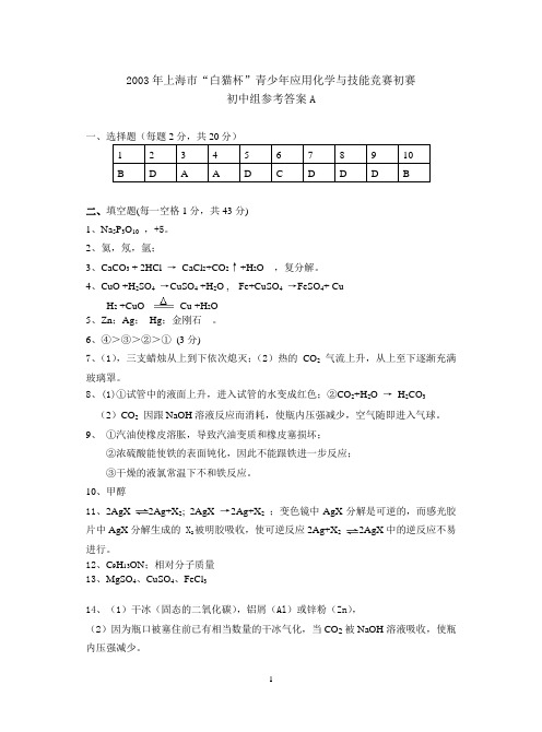 2003年上海市白猫杯初赛A答案