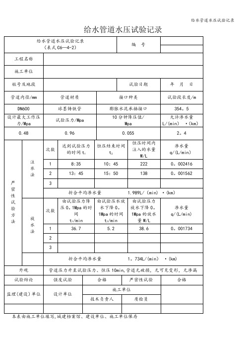 给水管道水压试验记录