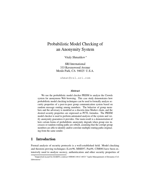 Probabilistic model checking of an anonymity system