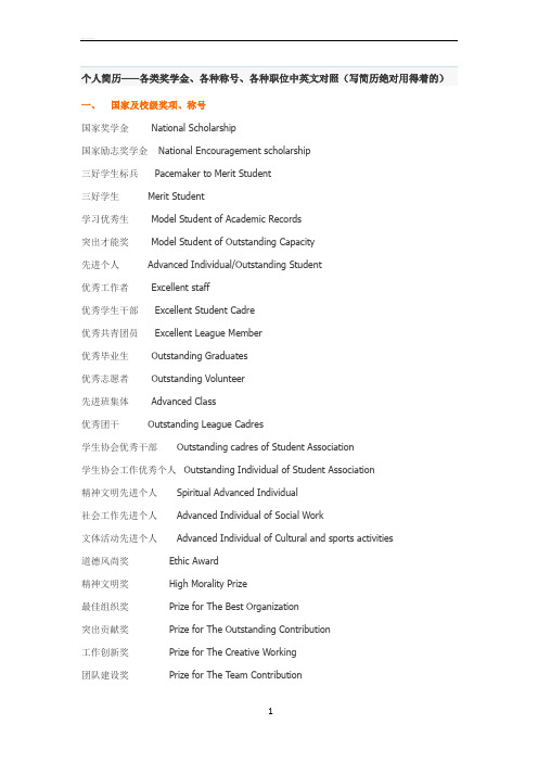 个人简历——各类奖学金、各种称号、各种职位中英文对照(写简历绝对用得着的)