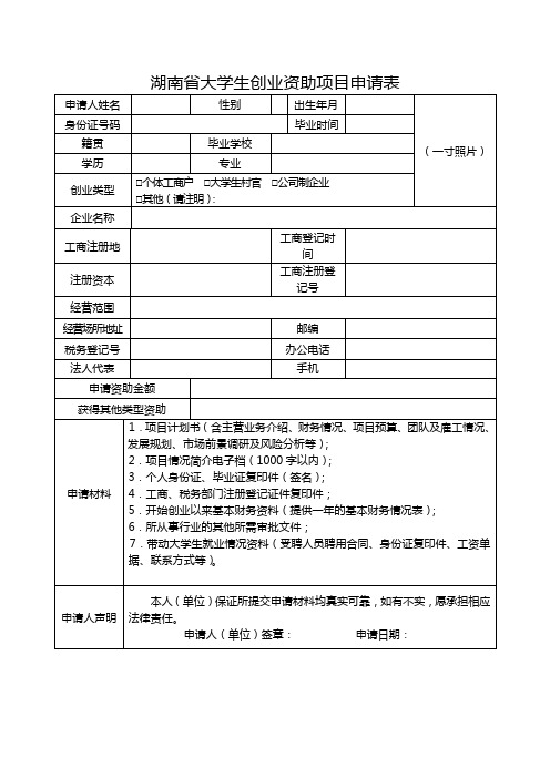 湖南省大学生创业资助项目申请表【模板】