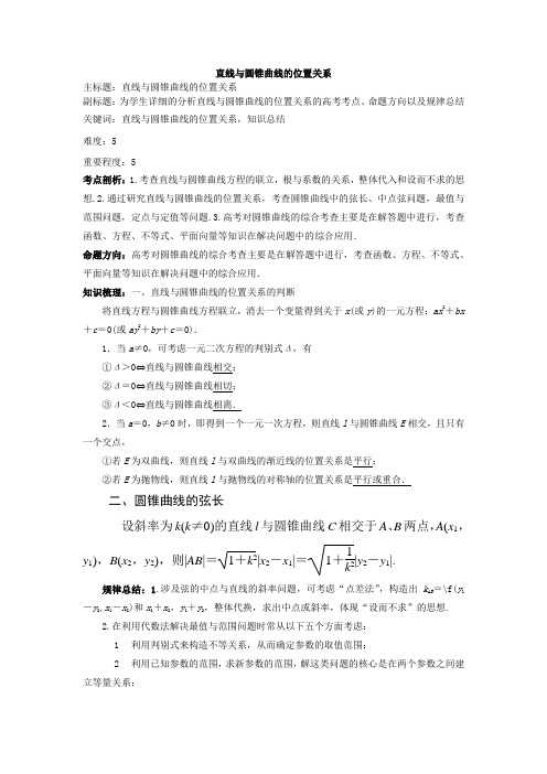 最新衡水中学自用精品资料——直线与圆锥曲线的位置关系