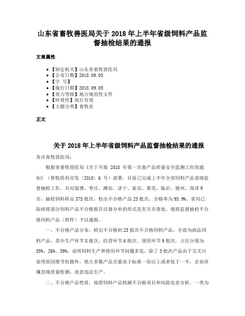 山东省畜牧兽医局关于2018年上半年省级饲料产品监督抽检结果的通报