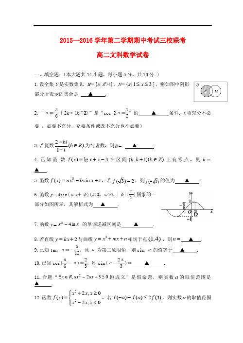 江苏省张家港高级中学高二数学下学期期中试题 文