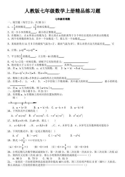 人教版初一数学七年级数学上册精品总复习练习题【附答案】 2