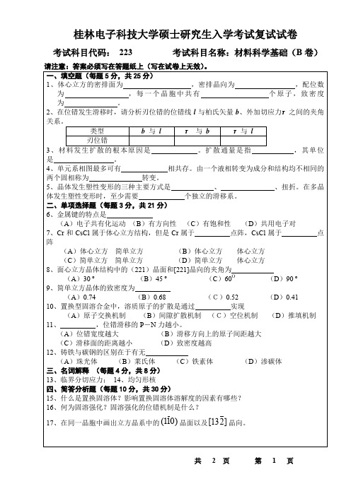 2016年桂林电子科技大学考研复试试题材料科学基础B卷