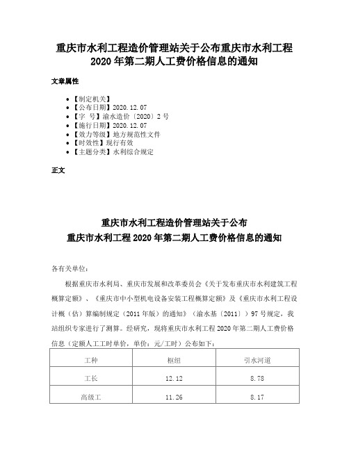 重庆市水利工程造价管理站关于公布重庆市水利工程2020年第二期人工费价格信息的通知