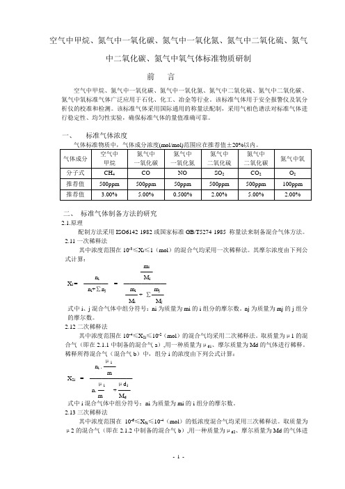 空气中甲烷氮气中一氧化碳氮气中一氧化氮氮气中二氧化硫氮气中二氧化碳氮气中氧气体标准物质研制