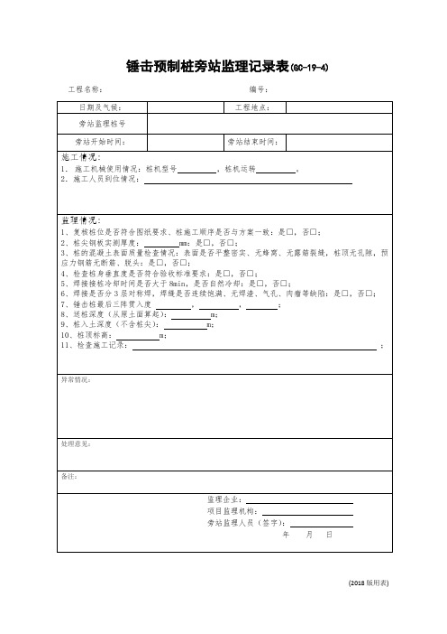 4.锤击预制桩旁站监理记录表