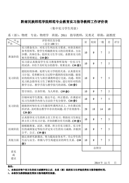 教育实习指导教师工作评价表(集中实习学生用表)