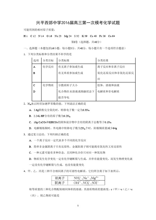 【化学】陕西省兴平西郊高级中学2016届高三上学期第一次模拟考试化学试题