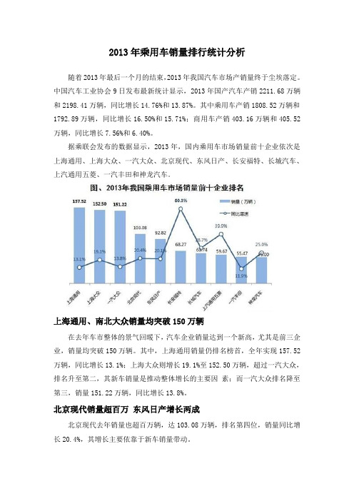 2013年乘用车销量排行统计分析