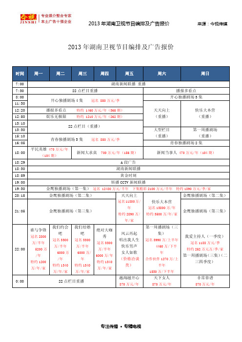 2013年湖南卫视节目编排及广告报价