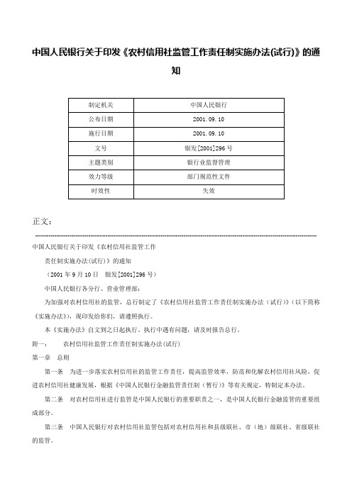 中国人民银行关于印发《农村信用社监管工作责任制实施办法(试行)》的通知-银发[2001]296号