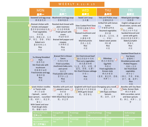 WEEKLY MENU学校中英文菜单