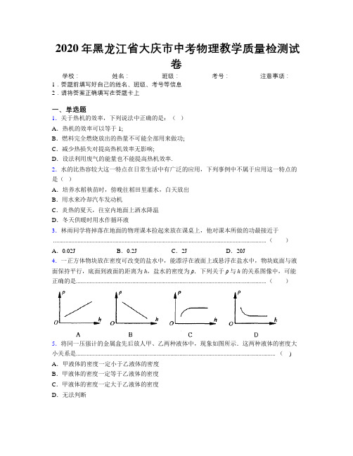 2020年黑龙江省大庆市中考物理教学质量检测试卷附解析