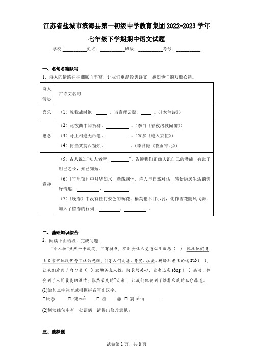 江苏省盐城市滨海县第一初级中学教育集团2022-2023学年七年级下学期期中语文试题