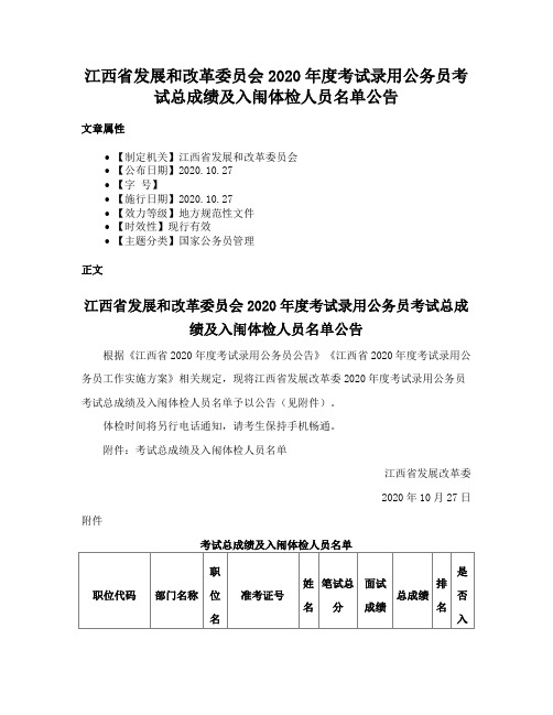 江西省发展和改革委员会2020年度考试录用公务员考试总成绩及入闱体检人员名单公告