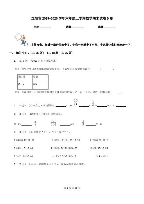 沈阳市2019-2020学年六年级上学期数学期末试卷D卷(模拟)